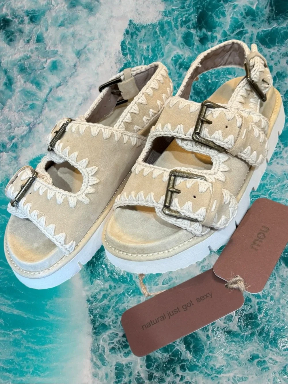 NIB MOU Bio Crochet Suede Buckle Sandals Platform Footbed Slingback Size 39